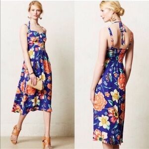 Moulinette Soeurs Anthropologie Annona Halter Midi Dress Blue Tropical Floral